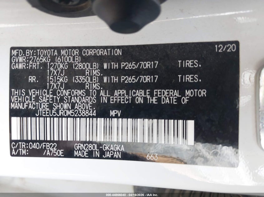 2021 Toyota 4runner VIN JTEEU5JR0M5238844 IAAI salvage auction — FRONT END, Wait Title, sold $10,200 on 2026-07-09 (photo 9)
