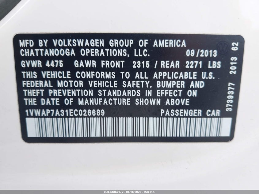 2014 Volkswagen Passat VIN 1VWAP7A31EC026689 IAAI salvage auction — FRONT END, Salvage Title, sold $325 on 2026-07-09 (photo 9)