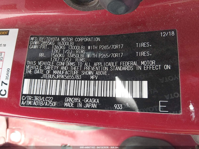 2019 Toyota 4runner VIN JTEBU5JR9K5655783 IAAI salvage auction — FRONT END, Salvage (New Mexico), sold $10,950 on 2026-07-29 (photo 9)
