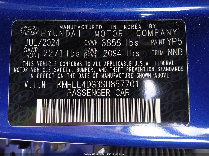 2025 Hyundai Elantra VIN KMHLL4DG3SU857701 IAAI salvage auction — ALL OVER, Salvage Title, sold $2,400 on 2026-07-15 (photo 9)