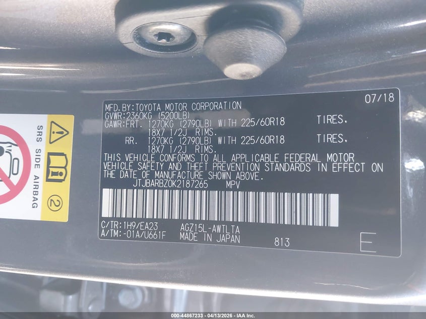 2019 Lexus Nx VIN JTJBARBZ0K2187265 IAAI salvage auction — FRONT END, Salvage (California), sold $7,125 on 2026-07-08 (photo 9)
