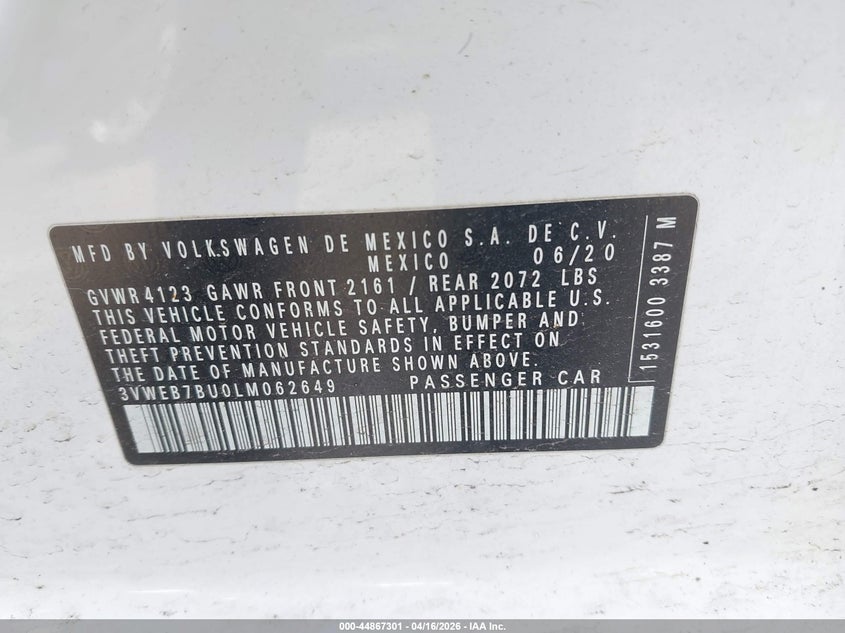 2020 Volkswagen Jetta VIN 3VWEB7BU0LM062649 IAAI salvage auction — FRONT END, Salvage Title, sold $2,300 on 2026-07-21 (photo 9)