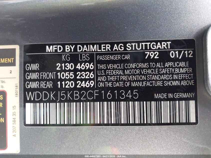 2012 Mercedes-benz E-klasse VIN WDDKJ5KB2CF161345 IAAI salvage auction — REAR END, Salvage (California), sold $2,350 on 2026-08-02 (photo 9)