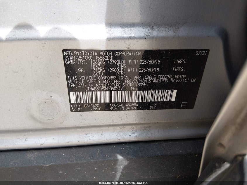 2021 Toyota Rav 4 VIN JTMAB3FV9MD050249 IAAI salvage auction — FRONT END, Wait Title, sold $13,000 on 2026-07-14 (photo 9)