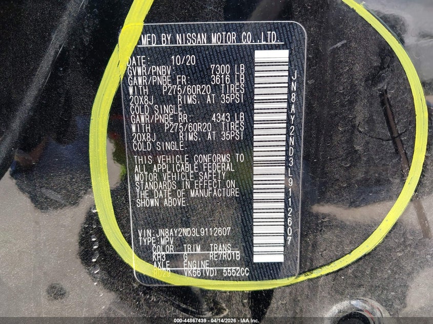 2020 Nissan Armada VIN JN8AY2ND3L9112607 IAAI salvage auction — LEFT SIDE, Original (Texas), sold $8,850 on 2026-07-16 (photo 9)
