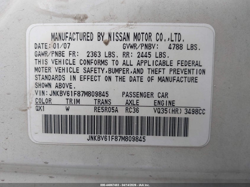 2007 Infiniti G VIN JNKBV61F87M809845 IAAI salvage auction — REAR END, Original (Texas), sold $525 on 2026-07-21 (photo 9)