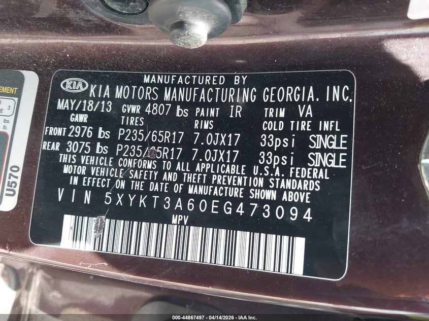 2014 Kia Sorento VIN 5XYKT3A60EG473094 IAAI salvage auction — FRONT END, Wait Title, sold $625 on 2026-07-27 (photo 9)