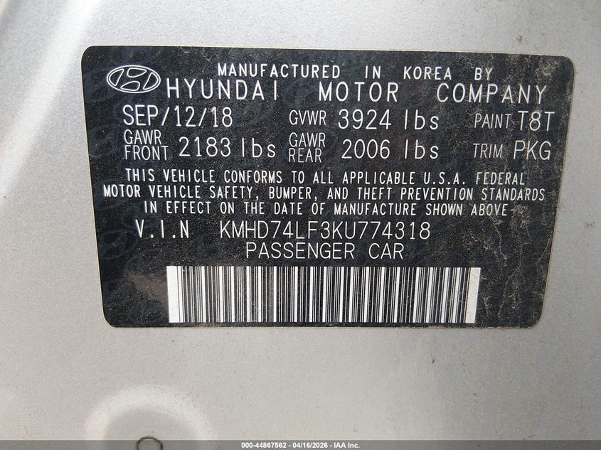 2019 Hyundai Elantra VIN KMHD74LF3KU774318 IAAI salvage auction — NORMAL WEAR, Original (Ohio), sold $4,025 on 2026-07-28 (photo 9)