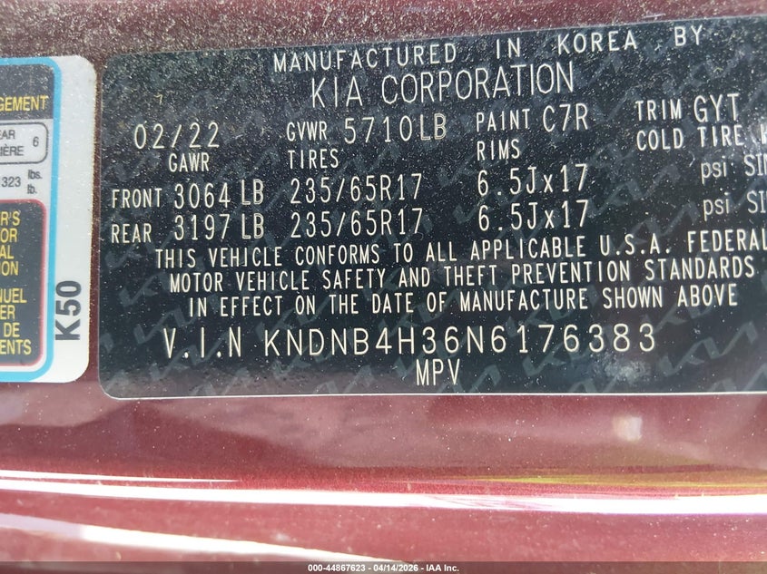 2022 Kia Carnival VIN KNDNB4H36N6176383 IAAI salvage auction — REAR END, Wait Title, sold $8,250 on 2026-07-22 (photo 9)