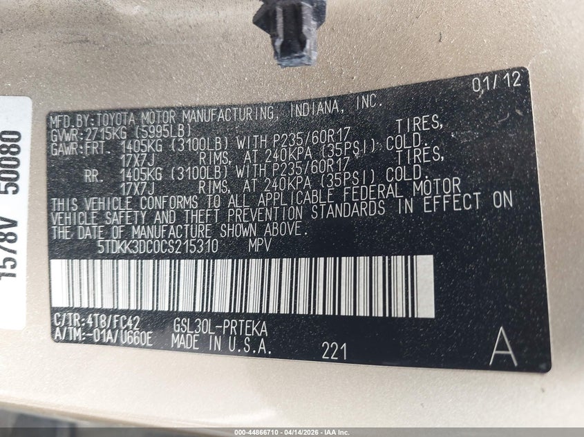 2012 Toyota Sienna VIN 5TDKK3DC0CS215310 IAAI salvage auction — RIGHT REAR, Wait Title, sold $950 on 2026-07-09 (photo 9)