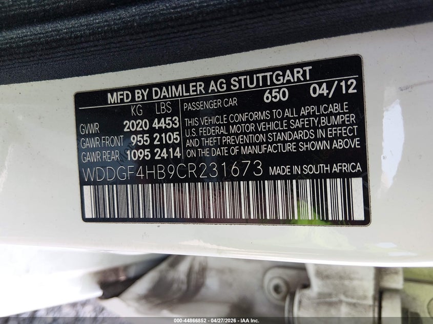 2012 Mercedes-benz C-klasse VIN WDDGF4HB9CR231673 IAAI salvage auction — WATER/FLOOD, Salvage Title, sold $450 on 2026-08-19 (photo 9)