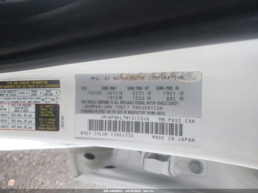 2021 Mazda 3 VIN JM1BPBDL7M1315348 IAAI salvage auction — LEFT FRONT, Wait Title, sold $775 on 2026-07-16 (photo 9)