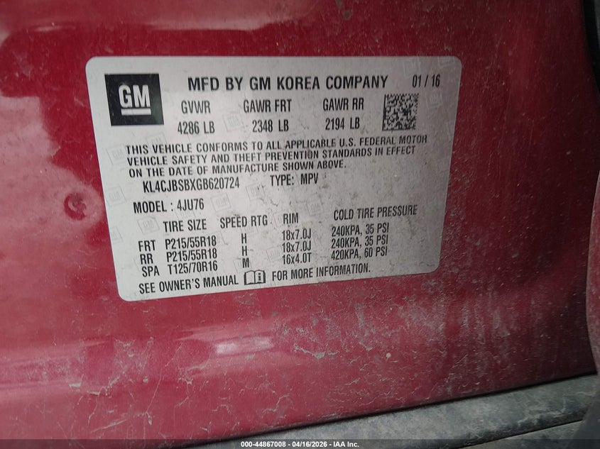 2016 Buick Encore VIN KL4CJBSBXGB620724 IAAI salvage auction — REAR END, Salvage (Kentucky), sold $975 on 2026-07-20 (photo 9)
