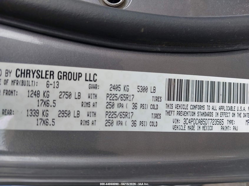 2013 Dodge Journey VIN 3C4PDCAB5DT723565 IAAI salvage auction — SIDE, Mv-907A (New York), sold $475 on 2026-07-09 (photo 9)