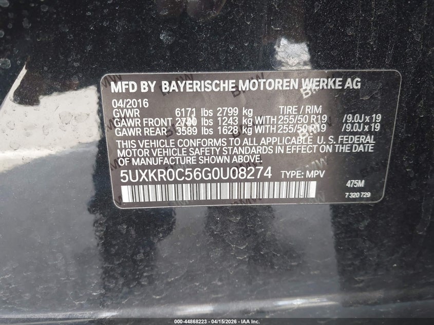 2016 BMW X5 VIN 5UXKR0C56G0U08274 IAAI salvage auction — FRONT END, Salvage (New Jersey), sold $4,250 on 2026-07-13 (photo 9)
