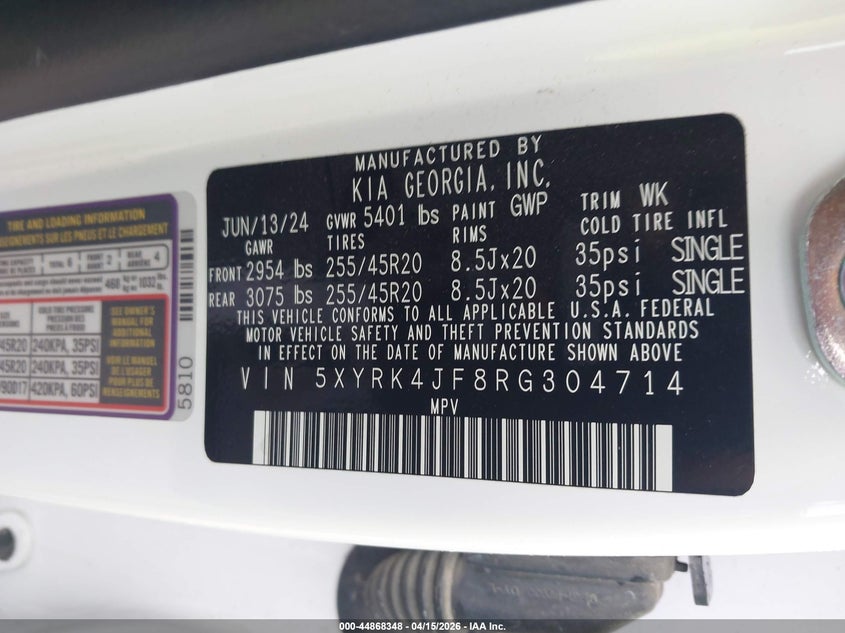 2024 Kia Sorento VIN 5XYRK4JF8RG304714 IAAI salvage auction — FRONT END, Original (Texas), sold $11,400 on 2026-07-21 (photo 9)