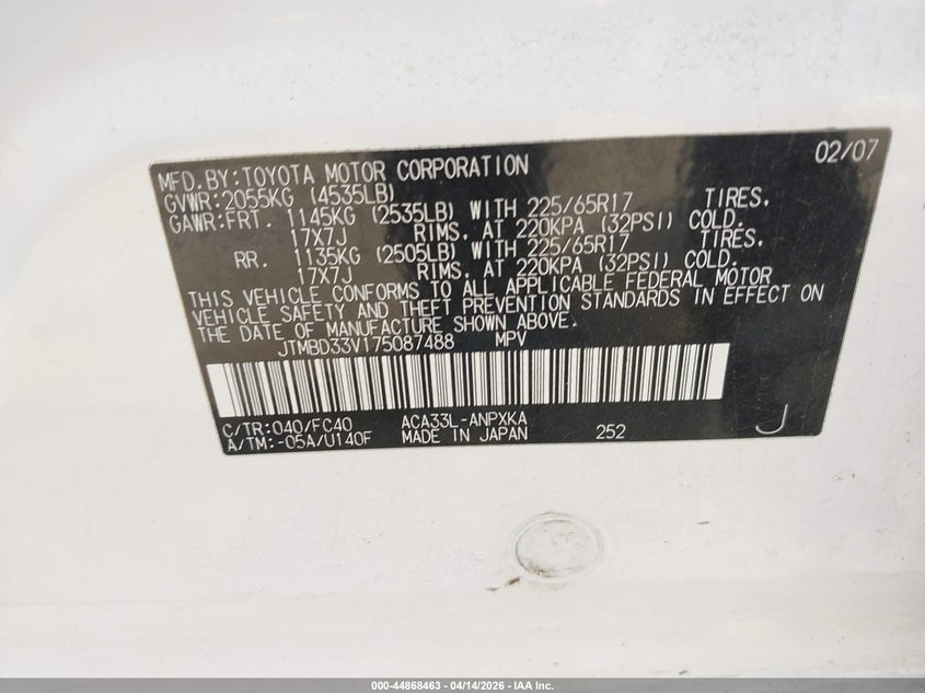 2007 Toyota Rav 4 VIN JTMBD33V175087488 IAAI salvage auction — FRONT END, Salvage (Idaho), sold $750 on 2026-07-12 (photo 9)