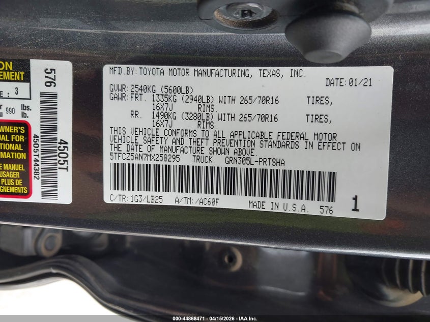 2021 Toyota Tacoma VIN 5TFCZ5AN7MX258295 IAAI salvage auction — UNDERCARRIAGE, Wait Title, sold $13,200 on 2026-07-28 (photo 9)