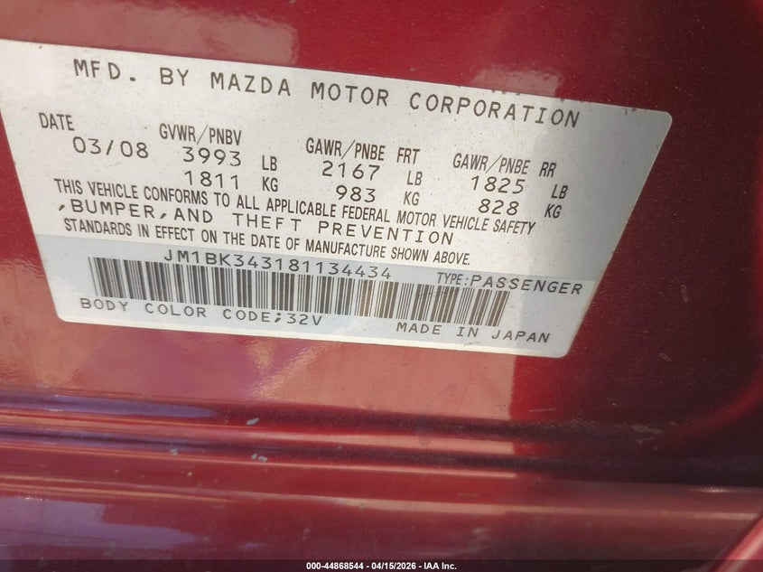 2008 Mazda 3 VIN JM1BK343181134434 IAAI salvage auction — RIGHT REAR, Bill Of Sale (Georgia), sold $175 on 2026-07-28 (photo 9)