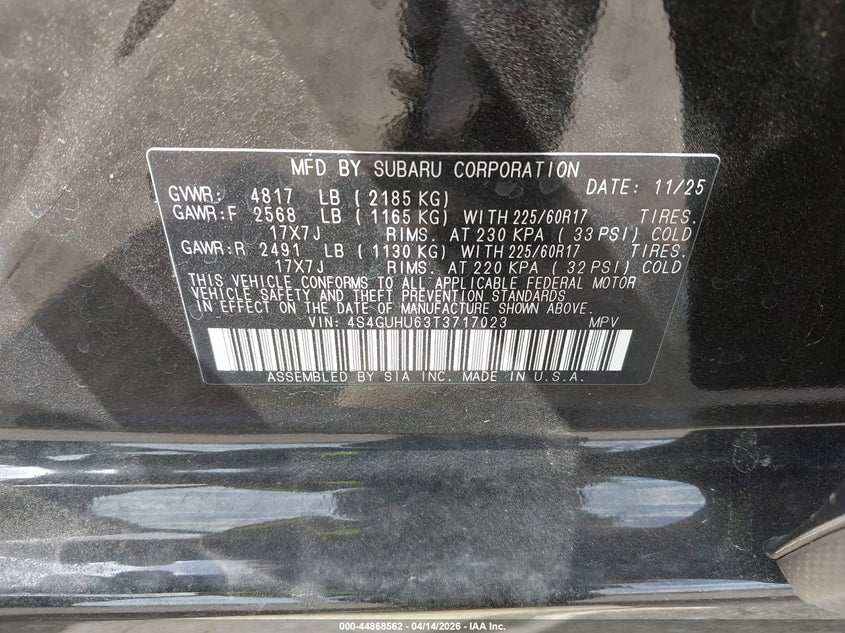 2026 Subaru Xv VIN 4S4GUHU63T3717023 IAAI salvage auction — FRONT END, Wait Title, sold $8,100 on 2026-07-22 (photo 9)