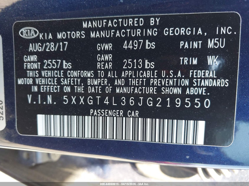 2018 Kia Optima VIN 5XXGT4L36JG219550 IAAI salvage auction — THEFT, Wait Title, sold $1,800 on 2026-07-15 (photo 9)