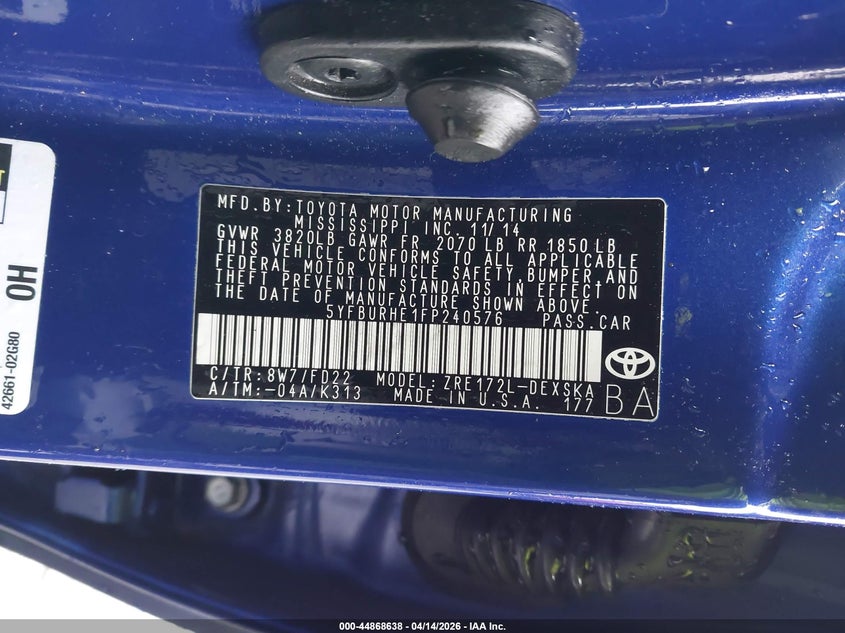 2015 Toyota Corolla VIN 5YFBURHE1FP240576 IAAI salvage auction — FRONT END, Wait Title, sold $1,050 on 2026-07-08 (photo 9)