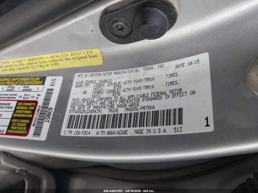 2016 Toyota Tacoma VIN 5TFAX5GN1GX054391 IAAI salvage auction — ROLLOVER, Wait Title, sold $3,800 on 2026-07-13 (photo 9)