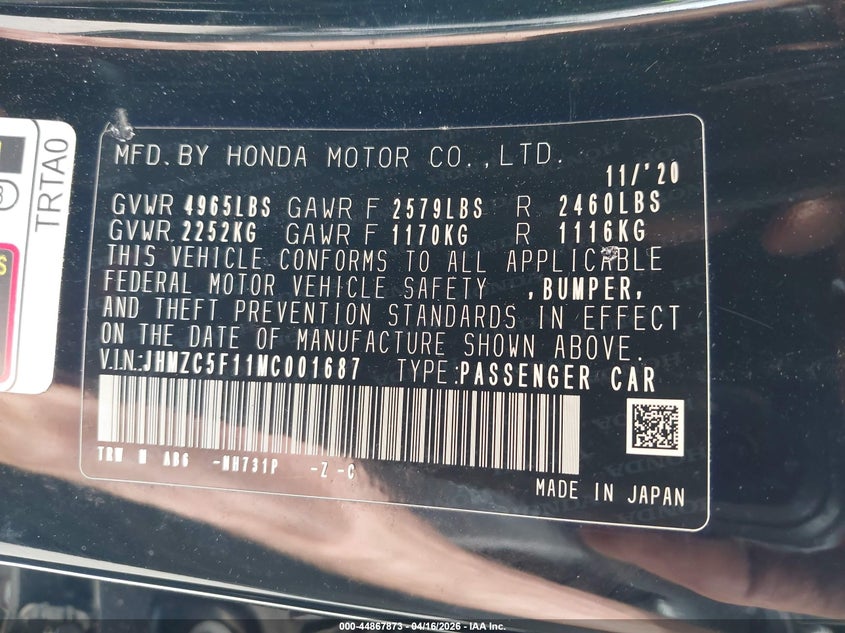 2021 Honda Clarity VIN JHMZC5F11MC001687 IAAI salvage auction — FRONT END, Salvage - Greater Than 75% (Maryland), sold $4,300 on 2026-08-01 (photo 9)