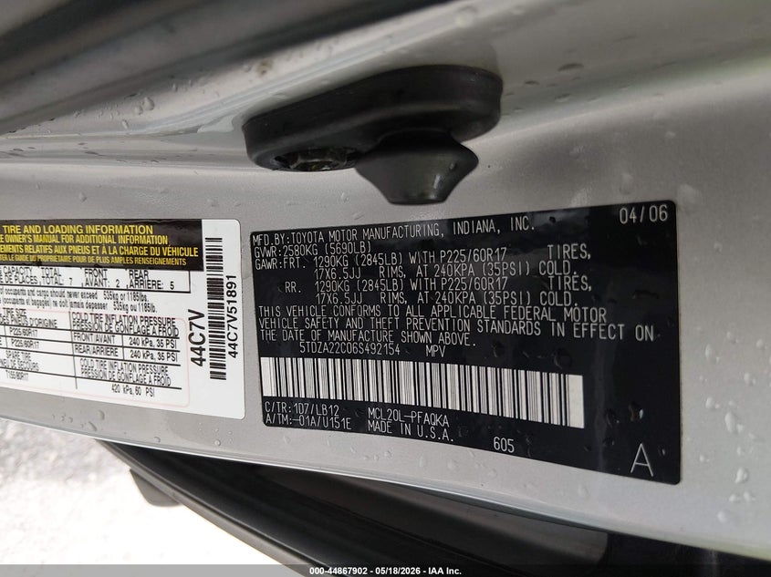 2006 Toyota Sienna VIN 5TDZA22C06S492154 IAAI salvage auction — UNKNOWN, Salvage (Missouri), sold $1,100 on 2026-07-14 (photo 9)