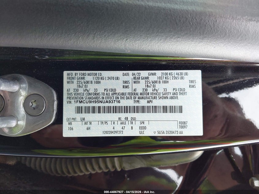 2022 Ford Escape VIN 1FMCU9H95NUA93716 IAAI salvage auction — FRONT END, Wait Title, sold $3,450 on 2026-07-10 (photo 9)