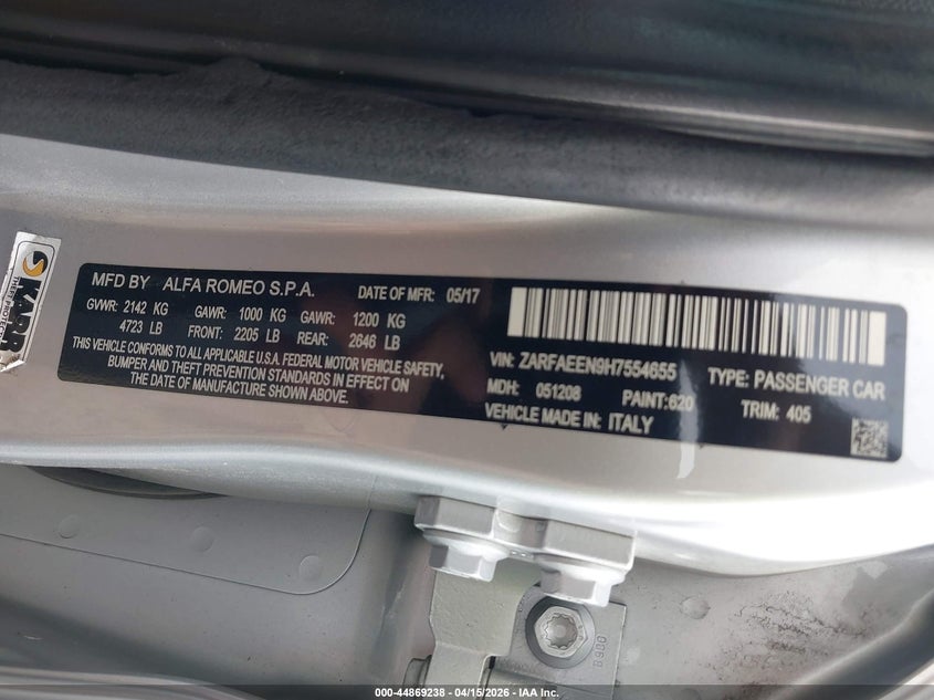 2017 Alfa romeo Giulia VIN ZARFAEEN9H7554655 IAAI salvage auction — HAIL, Wait Title, sold $1,150 on 2026-07-28 (photo 9)