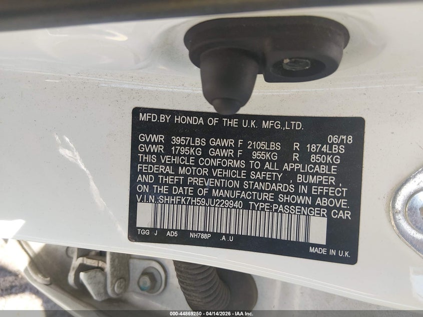 2018 Honda Civic VIN SHHFK7H59JU229940 IAAI salvage auction — RIGHT SIDE, Wait Title, sold $4,050 on 2026-07-29 (photo 9)