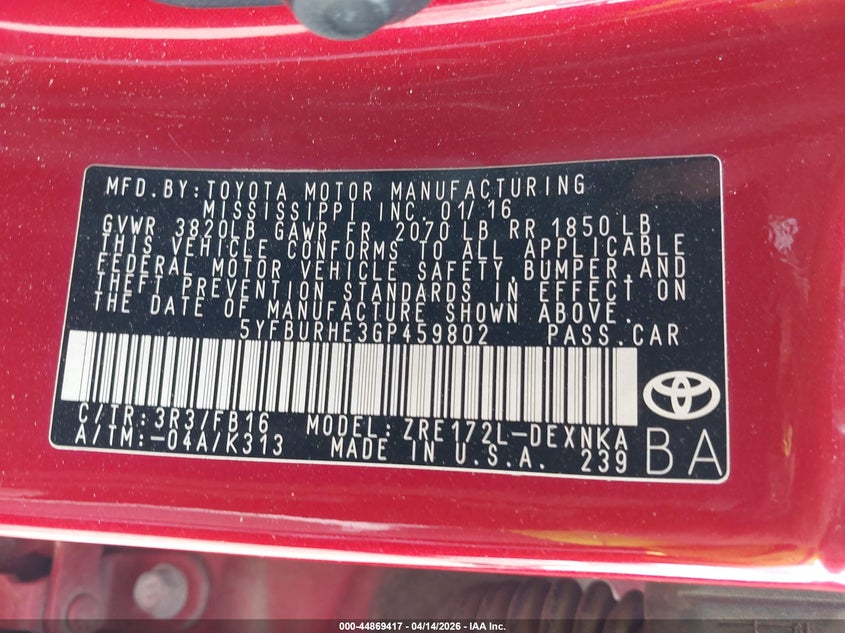 2016 Toyota Corolla VIN 5YFBURHE3GP459802 IAAI salvage auction — FRONT END, Original (Texas), sold $2,225 on 2026-07-28 (photo 9)
