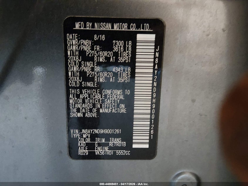 2017 Nissan Armada VIN JN8AY2ND9H9001261 IAAI salvage auction — RIGHT FRONT, Original (Texas), sold $3,275 on 2026-07-06 (photo 9)