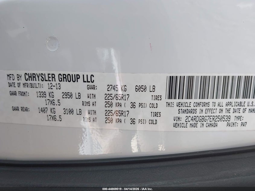 2014 Dodge Caravan VIN 2C4RDGBG7ER250539 IAAI salvage auction — FRONT END, Clear (Hawaii), sold $2,900 on 2026-08-04 (photo 9)