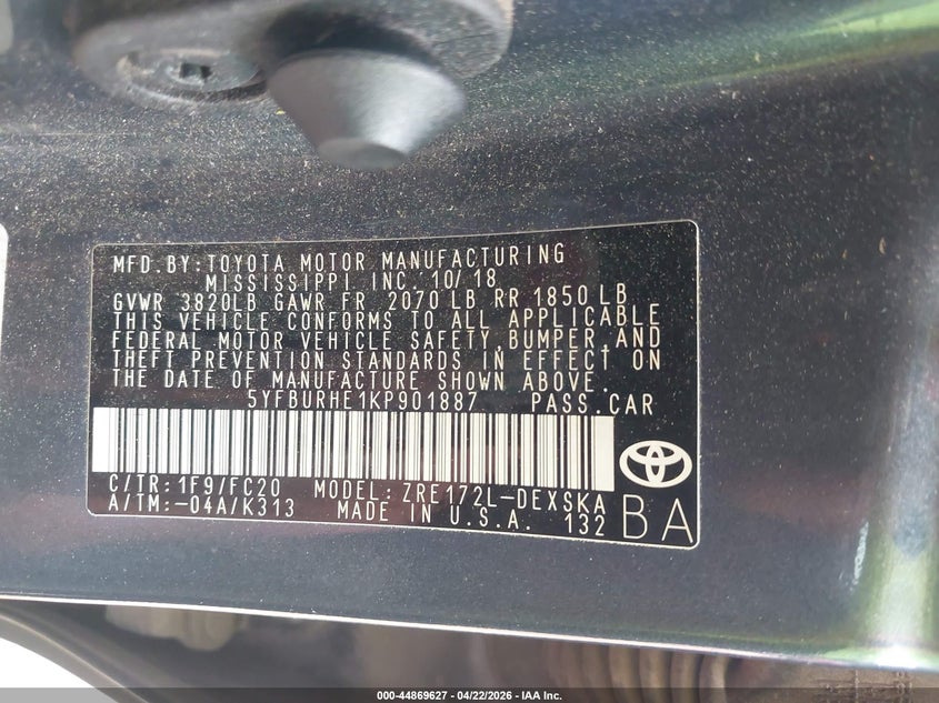 2019 Toyota Corolla VIN 5YFBURHE1KP901887 IAAI salvage auction — RIGHT SIDE, Original (Texas), sold $1,450 on 2026-07-23 (photo 9)