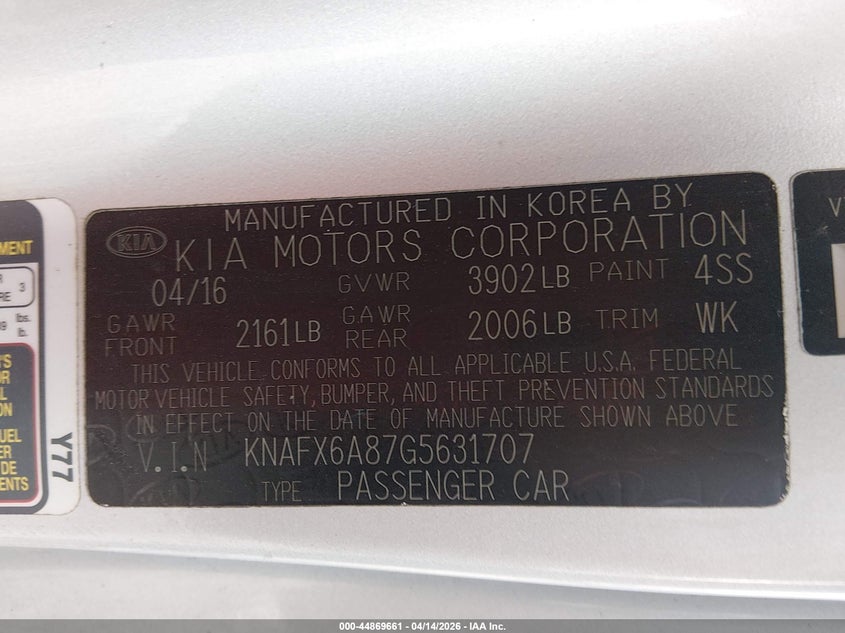 2016 Kia Forte VIN KNAFX6A87G5631707 IAAI salvage auction — LEFT SIDE, Wait Title, sold $100 on 2026-07-22 (photo 9)