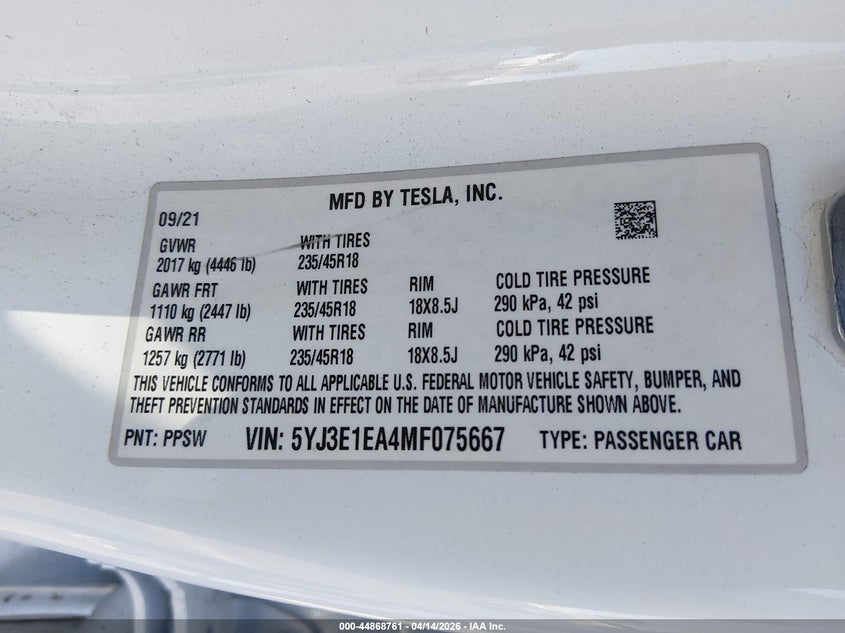 2021 Tesla Model 3 VIN 5YJ3E1EA4MF075667 IAAI salvage auction — REAR END, Wait Title, sold $5,550 on 2026-07-23 (photo 9)
