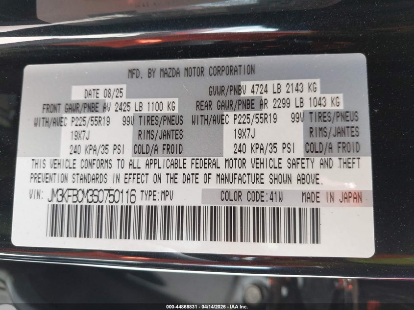 2025 Mazda Cx-5 VIN JM3KFBCM3S0750116 IAAI salvage auction — LEFT SIDE, Salvage (Texas), sold $10,400 on 2026-07-13 (photo 9)