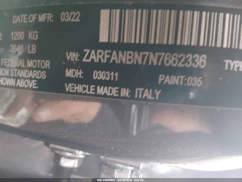 2022 Alfa romeo Giulia VIN ZARFANBN7N7662336 IAAI salvage auction — LEFT SIDE, Salvage (Kentucky), sold $9,700 on 2026-07-17 (photo 9)