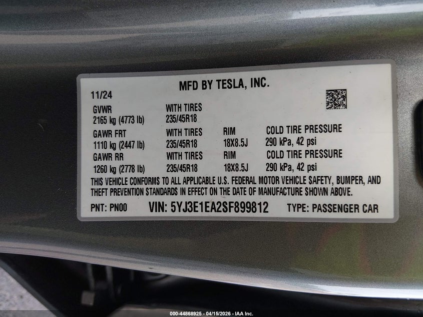 2025 Tesla Model 3 VIN 5YJ3E1EA2SF899812 IAAI salvage auction — FRONT END, Clear (Hawaii), sold $10,600 on 2026-07-23 (photo 9)