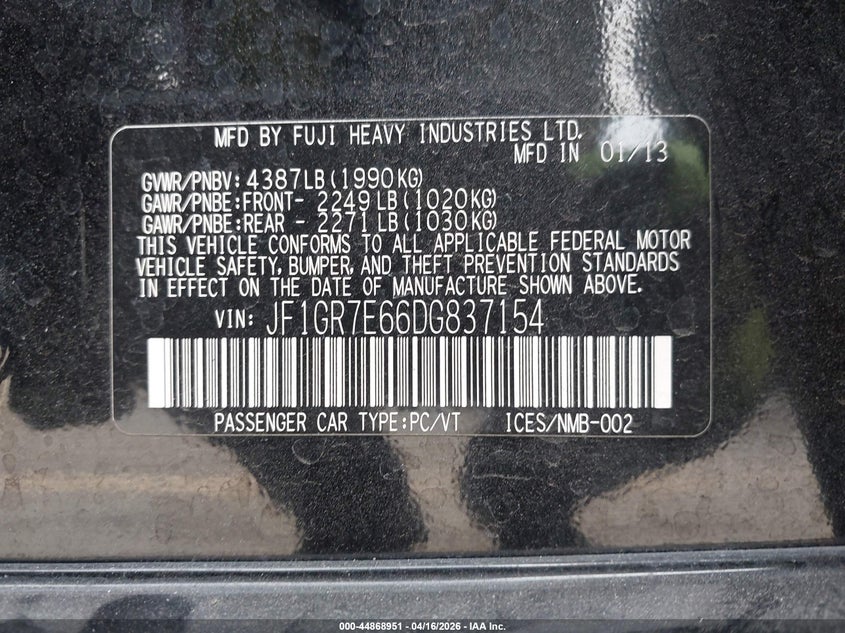 2013 Subaru Impreza wrx VIN JF1GR7E66DG837154 IAAI salvage auction — LEFT FRONT, Wait Title, sold $2,200 on 2026-07-15 (photo 9)