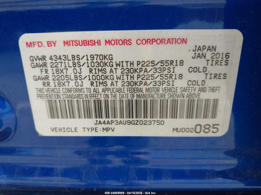2016 Mitsubishi Outlander VIN JA4AP3AU9GZ023750 IAAI salvage auction — FRONT END, Wait Title, sold $850 on 2026-07-19 (photo 9)