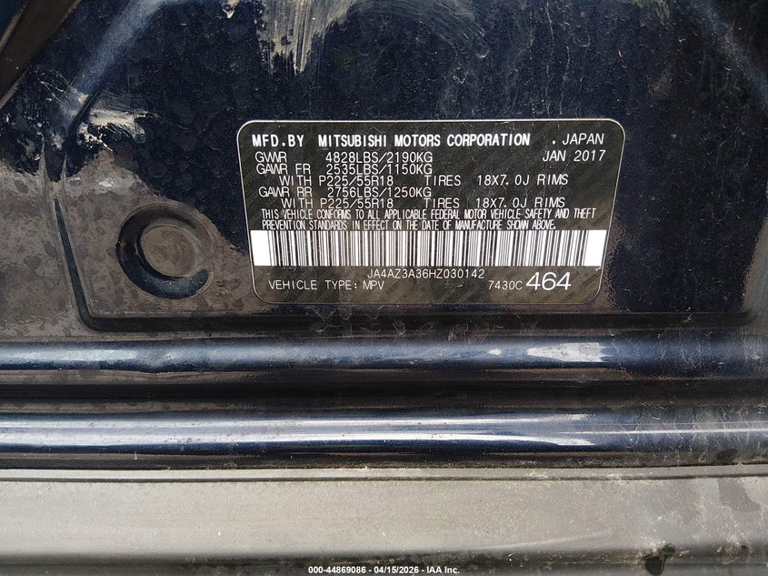 2017 Mitsubishi Outlander VIN JA4AZ3A36HZ030142 IAAI salvage auction — RIGHT FRONT, Wait Title, sold $2,850 on 2026-07-14 (photo 9)