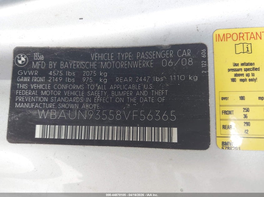 2008 BMW 1 series VIN WBAUN93558VF56365 IAAI salvage auction — LEFT FRONT, Salvage (California), sold $725 on 2026-07-15 (photo 9)