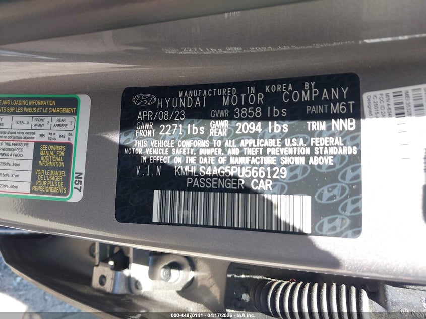 2023 Hyundai Elantra VIN KMHLS4AG5PU566129 IAAI salvage auction — REAR END, Salvage (Georgia), sold $4,850 on 2026-07-31 (photo 9)