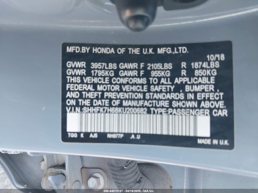 2019 Honda Civic VIN SHHFK7H68KU200682 IAAI salvage auction — FRONT END, Wait Title, sold $4,350 on 2026-07-15 (photo 9)