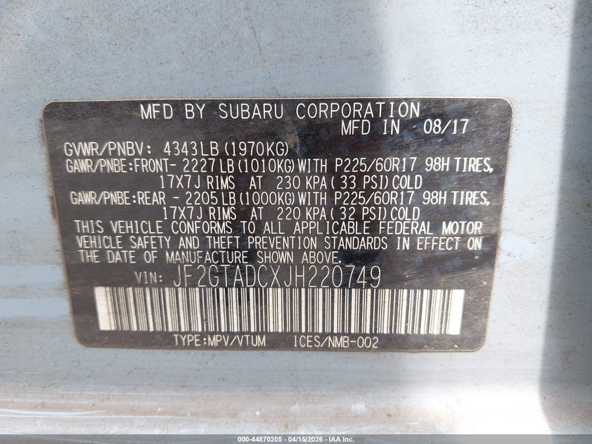 2018 Subaru Xv VIN JF2GTADCXJH220749 IAAI salvage auction — SIDE, Wait Title, sold $825 on 2026-07-14 (photo 9)