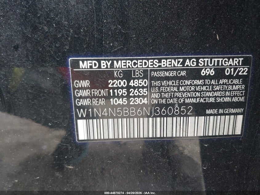 2022 Mercedes-benz VIN W1N4N5BB6NJ360852 IAAI salvage auction — LEFT FRONT, Salvage (Idaho), sold $25 on 2026-07-24 (photo 9)