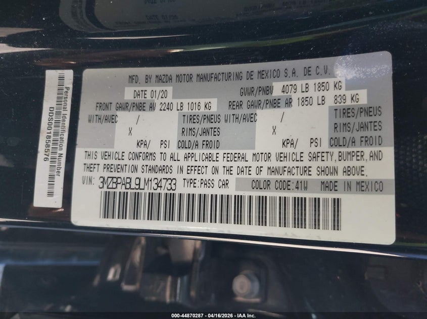 2020 Mazda 3 VIN 3MZBPABL9LM134733 IAAI salvage auction — LEFT FRONT, Salvage Title, sold $125 on 2026-07-22 (photo 9)